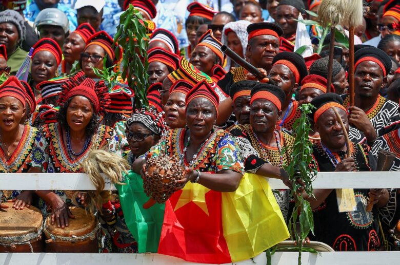 People gather outside St. Joseph's Cathedral in Bamenda, Cameroon, April 16, 2026, as they wait for the arrival of Pope Leo XIV for a Meeting for Peace. (OSV News photo/Guglielmo Mangiapane, Reuters)