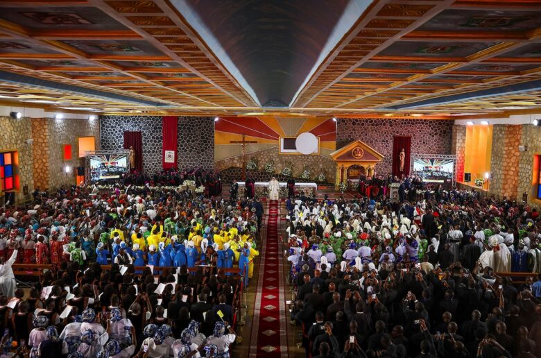 Pope Leo XIV attends a Meeting for Peace at St. Joseph's Cathedral in Bamenda, Cameroon, April 16, 2026. (OSV News photo/Guglielmo Mangiapane, Reuters)