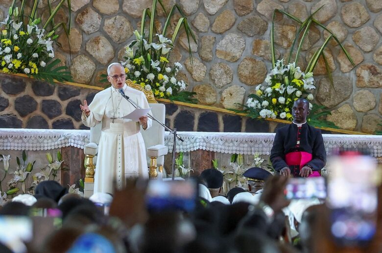 Pope Leo XIV speaks as he attends a Meeting for Peace at St. Joseph's Cathedral in Bamenda, Cameroon, April 16, 2026. (OSV News photo/Guglielmo Mangiapane, Reuters)