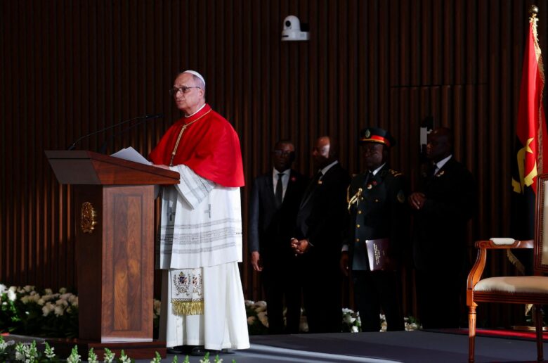 Pope Leo XIV speaks as he attends a meeting with the authorities, civil society and the diplomatic corps in Luanda, Angola, April 18, 2026. (OSV News photo/Guglielmo Mangiapane, Reuters)