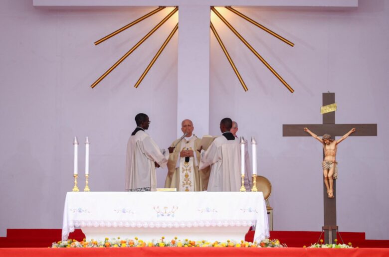 Pope Leo XIV leads a Holy Mass during his apostolic journey in Africa, in Kilamba, Luanda province, Angola, April 19, 2026. (OSV News/Guglielmo Mangiapane, Reuters)