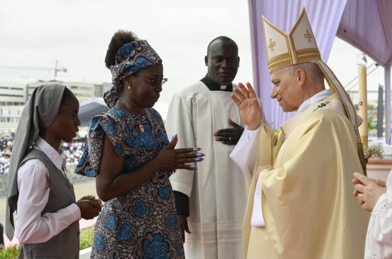 Pope Leo XIV offers his blessing to some women at Sunday Mass April 19, 2026 in Kilamba, Angola, during his apostolic journey in the country. (OSV News photo/Simone Risoluti, Vatican Media)