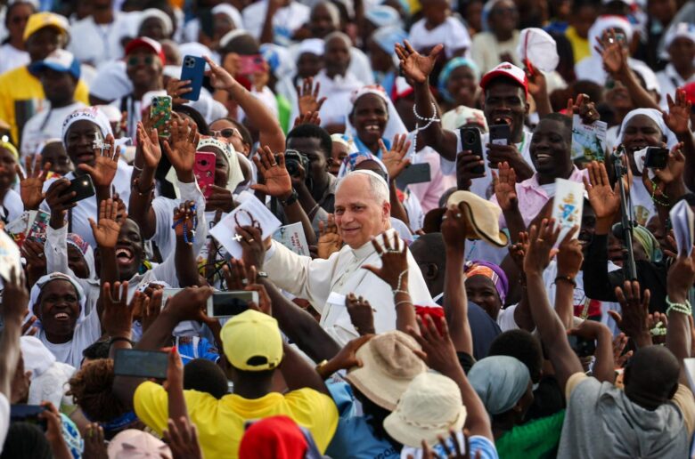Pope Leo XIV amid faithful, on the day he led those gathered at the "Mama Muxima" Shrine in praying the rosary during his apostolic journey in Africa, in Muxima, Angola, April 19, 2026. (OSV News photo/Guglielmo Mangiapane, Reuters)