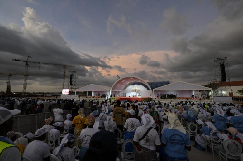 Pope Leo XIV leads the rosary at the Sanctuary of Our Lady of Muxima in Muxima, Angola, April 19, 2026. (OSV News photo/Simone Risoluti, Vatican Media)