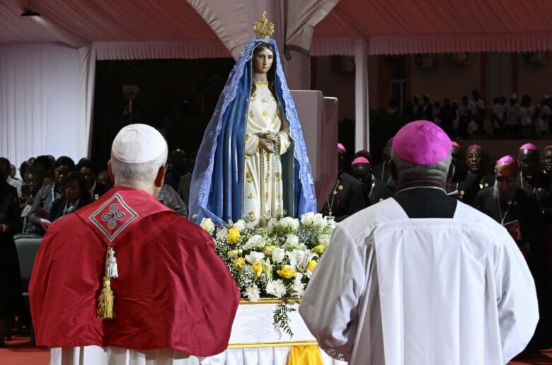 Pope Leo XIV leads the rosary at the Sanctuary of Our Lady of Muxima in Muxima, Angola, April 19, 2026. (OSV News photo/Simone Risoluti, Vatican Media)
