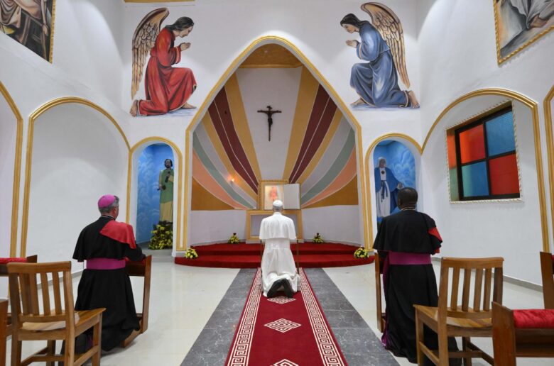 Pope Leo XIV prays in a chapel as he attends a Meeting for Peace at St. Joseph's Cathedral in Bamenda, Cameroon, April 16, 2026. (OSV News photo/Simone Risoluti, Vatican Media)