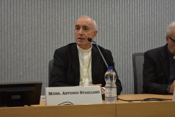 Bishop Antonio Staglianò, president of the Pontifical Academy of Theology, speaks at a news conference held at the Vatican News headquarters May 18, 2026. (CNS photo/Marco Piras, courtesy Pontifical Academy of Theology)