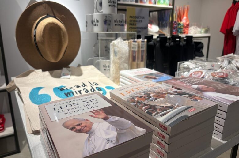 Souvenirs for Pope Leo XIV's apostolic trip to Spain June 6-12, 2026, are displayed May 29 at El Corte Ingles, a popular Spanish  shopping mall that donated 1 million euros to the trip (US $1.17 million, making it one of the biggest donors for the papal event (OSV News photo/Paulina Guzik)