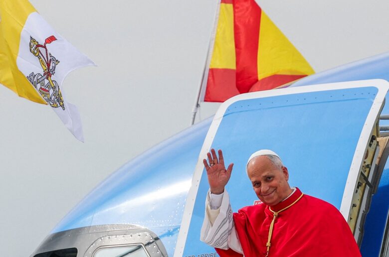 Pope Leo XIV disembarks the papal plane as he arrives at Adolfo Suarez Madrid-Barajas International Airport, to begin his apostolic journey, in Madrid, Spain June 6, 2026. (OSV News/Violeta Santos Moura, Reuters)