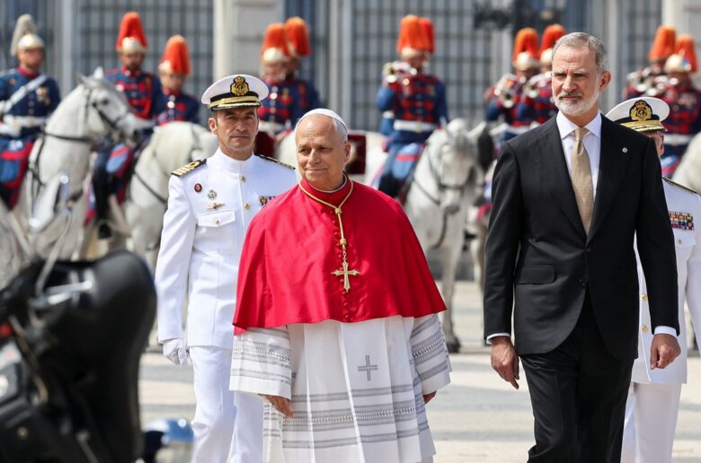 Spain's King Felipe walks with Pope Leo XIV as the pontiff arrives at the Royal Palace during his apostolic journey in Madrid, Spain, June 6, 2026. (OSV News/Yara Nardi, Reuters)