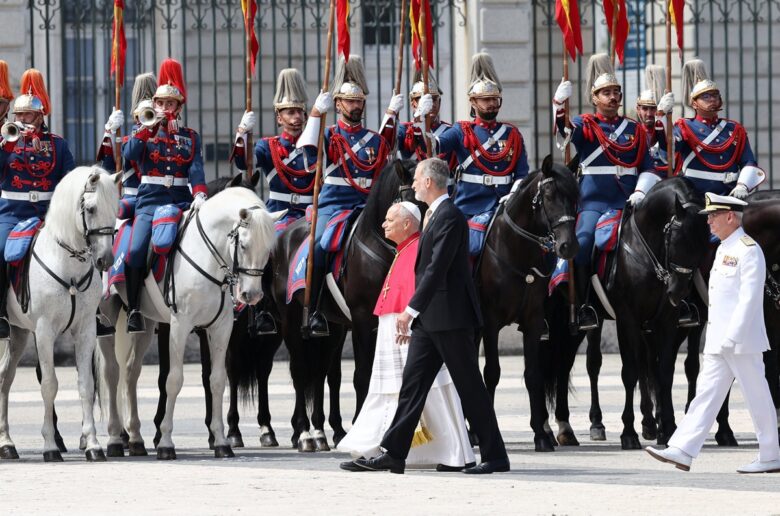 Spain's King Felipe walks with Pope Leo XIV as the pontiff arrives at the Royal Palace during his apostolic journey in Madrid, June 6, 2026. (OSV News/Yara Nardi, Reuters)