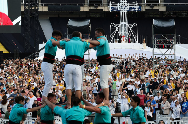 Pope Leo XIV watches as Castellers de Vilafranca form a human tower during a prayer vigil at the Lluis Companys Olympic Stadium, during his apostolic journey, in Barcelona, Spain, June 9, 2026. (OSV News photo/Yara Nardi, Reuters)