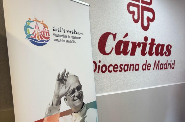 An image of Pope Leo XIV featuring the theme of his upcoming apostolic trip to Spain is displayed at the Archdiocese of Madrid's Caritas office May 28, 2026. On June 6, Pope Leo is scheduled to visit CEDIA 24 Horas, a social center run by Caritas Madrid that serves as a shelter and offers social services, psychological care and workshops for the city's homeless. (OSV News photo/Paulina Guzik)