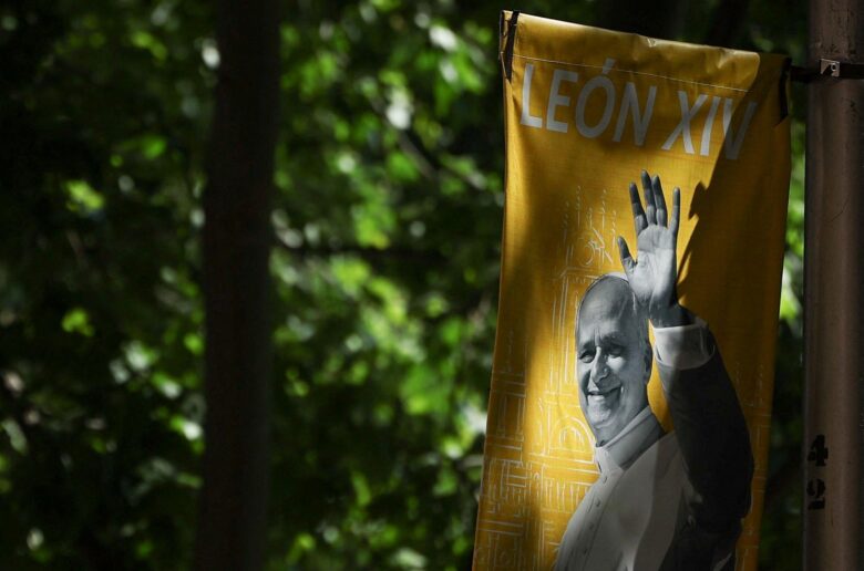 A banner with an image of Pope Leo XIV is seen in Madrid May 28, 2026, ahead of the pontiff's June 6-12 apostolic visit to Spain. (OSV News photo/Kacper Pempel, Reuters)