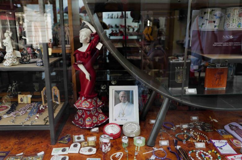 A picture of  Pope Leo XIV at a religious goods store in Madrid May 28, 2026, ahead of the pontiff's June 6-12 apostolic visit to Spain. (OSV News photo/Kacper Pempel, Reuters)