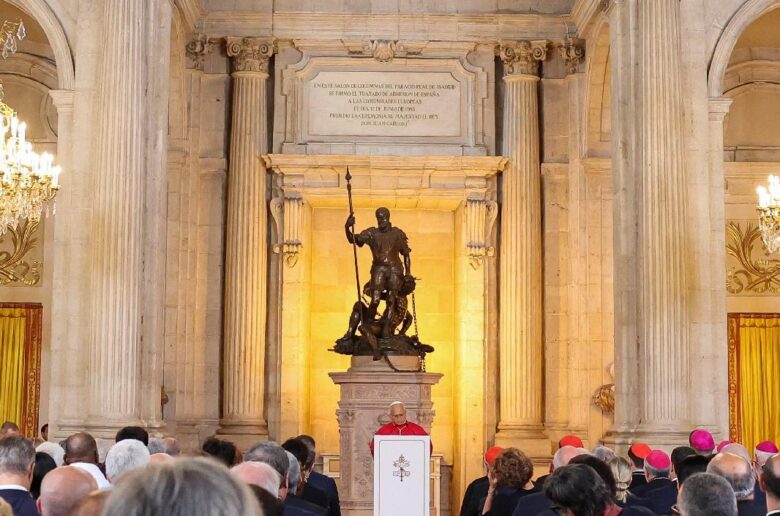 Pope Leo XIV speaks during a meeting with authorities, civil society members and the diplomatic corps at the Royal Palace, during his apostolic journey, in Madrid, June 6, 2026. (OSV News/Yara Nardi, Reuters)
