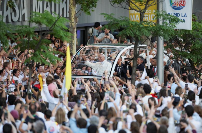 Pope Leo XIV greets faithful from the popemobile ahead of a prayer vigil at Plaza de Lima  in Madrid June 6, 2026, during his apostolic journey to Spain. (OSV News/Mohammad Salem, Reuters)
