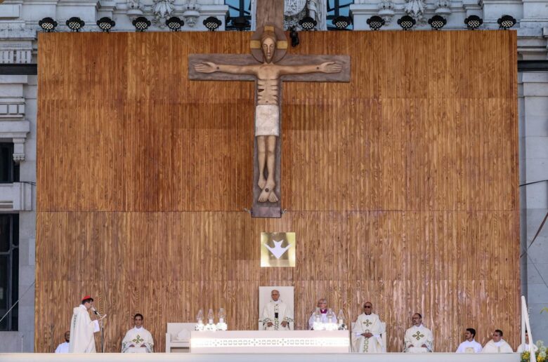 Pope Leo XIV celebrates Mass at Plaza de Cibeles in Madrid June 7, 2026, during his apostolic journey in Spain. (OSV News photo/Yara Nardi, Reuters)