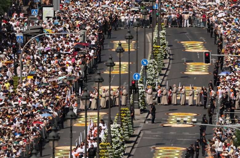 The faithful attend Mass celebrated by Pope Leo XIV at Plaza de Cibeles in Madrid June 7, 2026, during his apostolic journey to Spain. (OSV News photo/Mohammed Salem, Reuters)