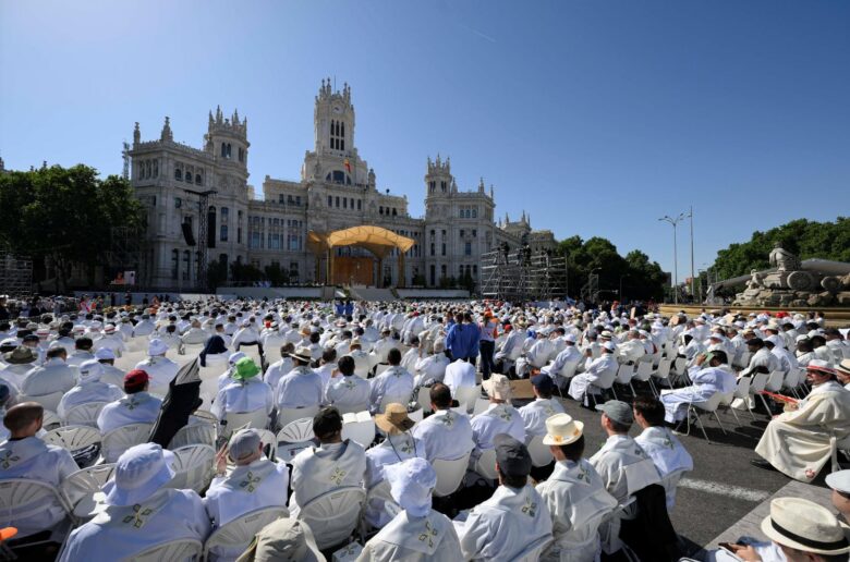 The faithful attend a Mass celebrated by Pope Leo XIV at Plaza de Cibeles in Madrid June 7, 2026, during his apostolic journey to Spain. (OSV News photo/Simone Risoluti, Vatican Media)