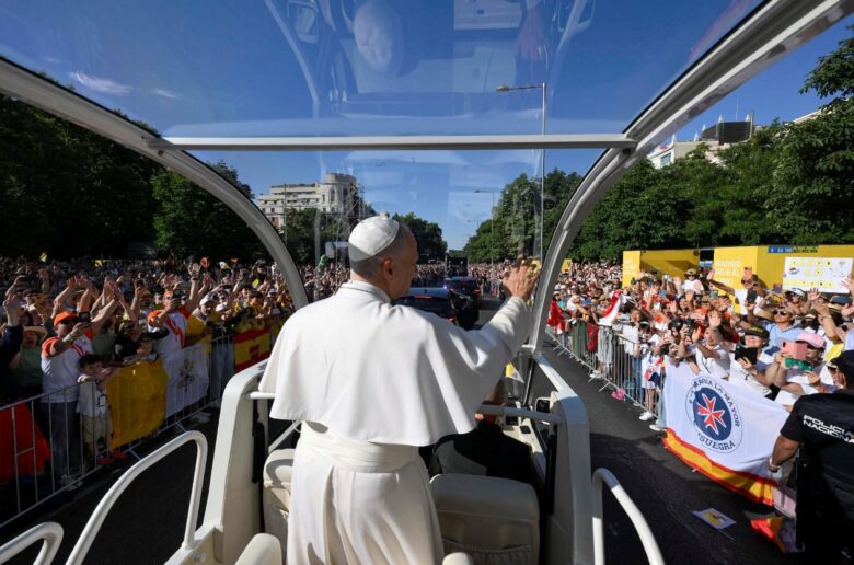 Pope Leo XIV waves to crowds from the popemobile in Madrid June 7, 2026, during his apostolic journey to Spain. (OSV News photo/Simone Risoluti, Vatican Media)
