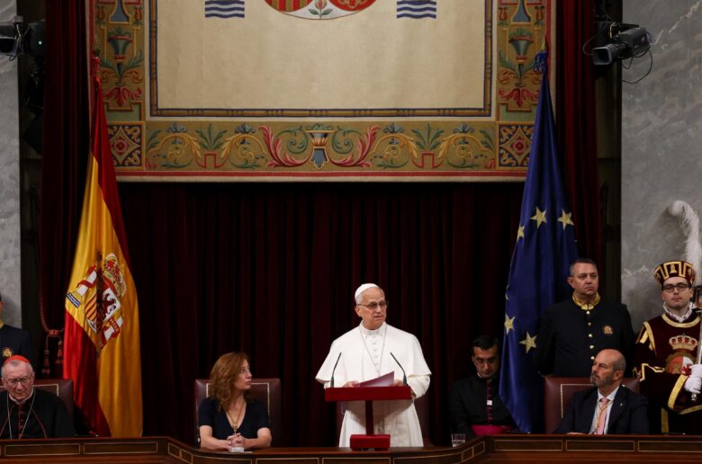 Pope Leo XIV speaks at the Spanish Parliament, in Madrid, during his apostolic journey to Spain, June 8, 2026. (OSV News photo/Yara Nardi, Reuters)