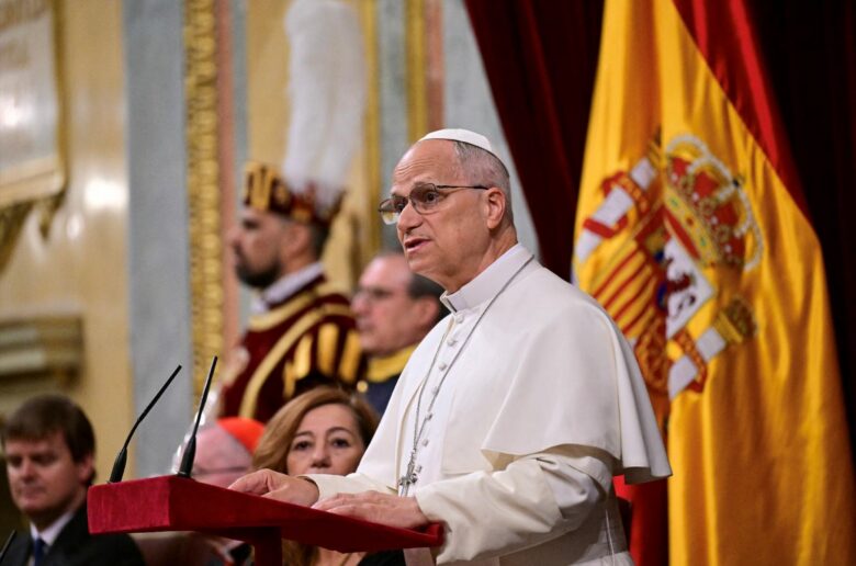 Pope Leo XIV delivers a speech during a joint session of the Spanish Parliament at the Congress of Deputies in Madrid, June 8, 2026, during his June 6-12 apostolic journey to Spain. (OSV News photo/Stefano Rellandini, pool via Reuters)