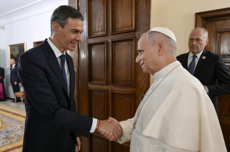 Pope Leo XIV greets Spanish Prime Minister Pedro Sanchez at the Apostolic Nunciature in Madrid June 8, 2026, during the pontiff's June 6-12 apostolic journey to Spain. (OSV News photo/Simone Risoluti, Vatican Media)