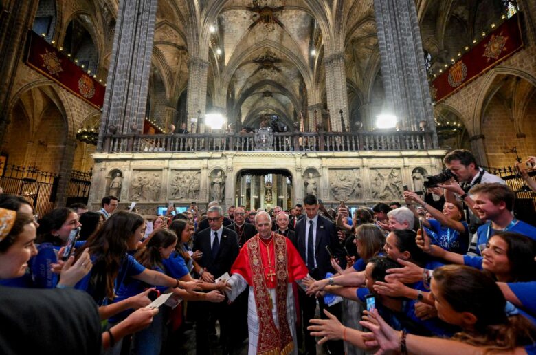 Pope Leo XIV greets faithful after he attended the midday prayers at the Cathedral of the Holy Cross and St. Eulalia, during his apostolic journey, in Barcelona, Spain, June 9, 2026. (OSV News photo/Simone Risoluti, Vatican Media)
