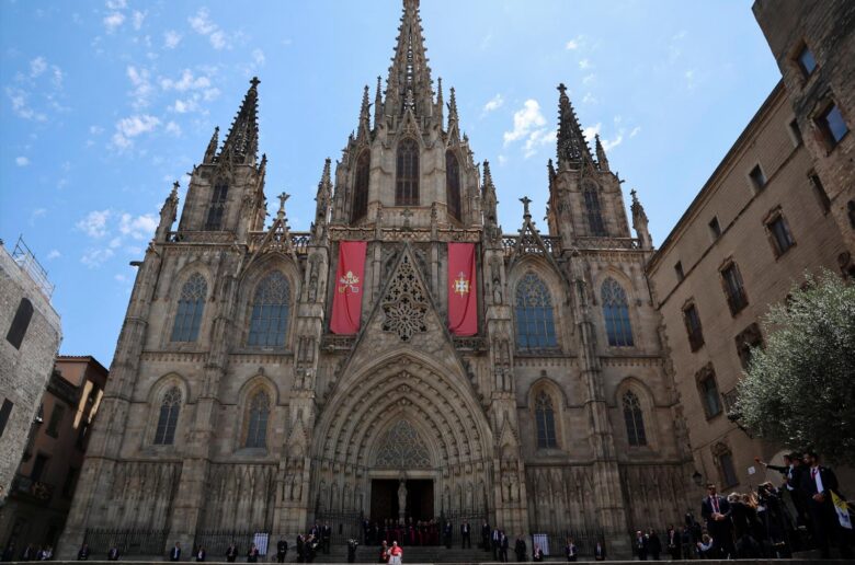 Pope Leo XIV speaks outside the Cathedral of the Holy Cross and St. Eulalia after attending midday prayers, during his apostolic journey, in Barcelona, Spain, June 9, 2026 (OSV News photo/Yara Nardi, Reuters)