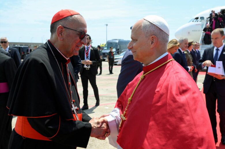 Cardinal Juan Jose Omella of Barcelona greets Pope Leo XIV upon his arrival to Josep Tarradellas Barcelona-El Prat Airport, to continue his apostolic journey, in Barcelona, Spain, June 9, 2026. (OSV News photo/Vatican Media)