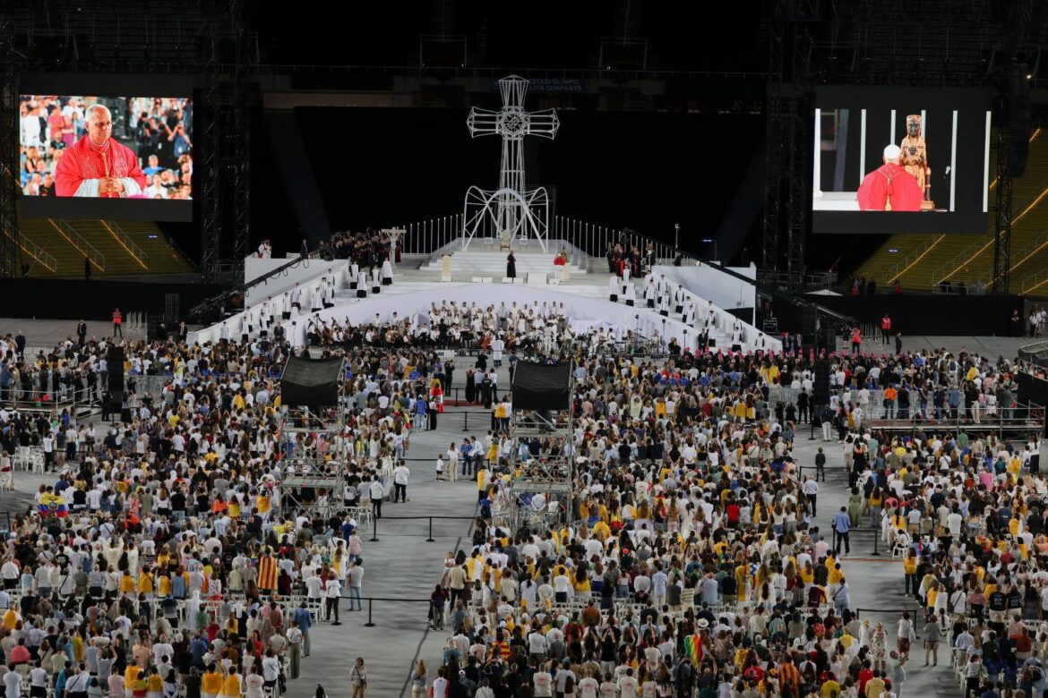 Pope Leo XIV attends a prayer vigil at the Lluis Companys Olympic Stadium, during his apostolic journey in Barcelona, Spain, June 9, 2026. (OSV News photo/Nacho Doce, Reuters)