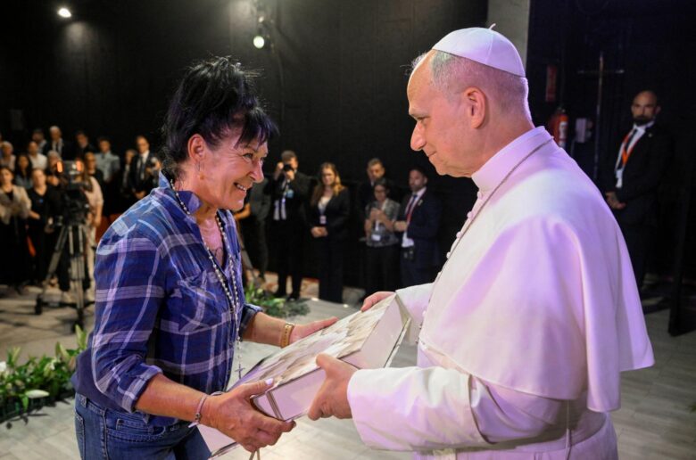 Pope Leo XIV receives a present from an inmate at Barcelona’s Brians 1 prison, during his apostolic journey, in Barcelona, Spain, June 10, 2026. (OSV News/Simone Risoluti, Vatican Media)