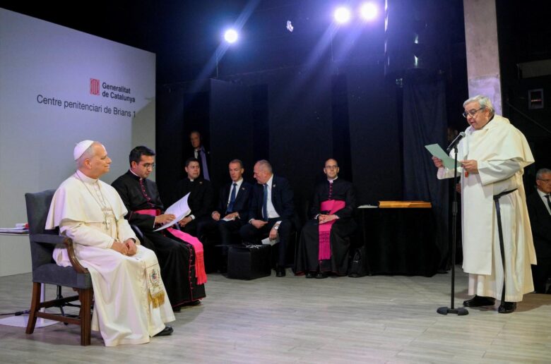 Pope Leo XIV listens to a speech by prison chaplain Jesus Bel at Barcelona’s Brians 1 prison, during his apostolic journey, in Barcelona, Spain, June 10, 2026. (OSV News/Simone Risoluti, Vatican Media)