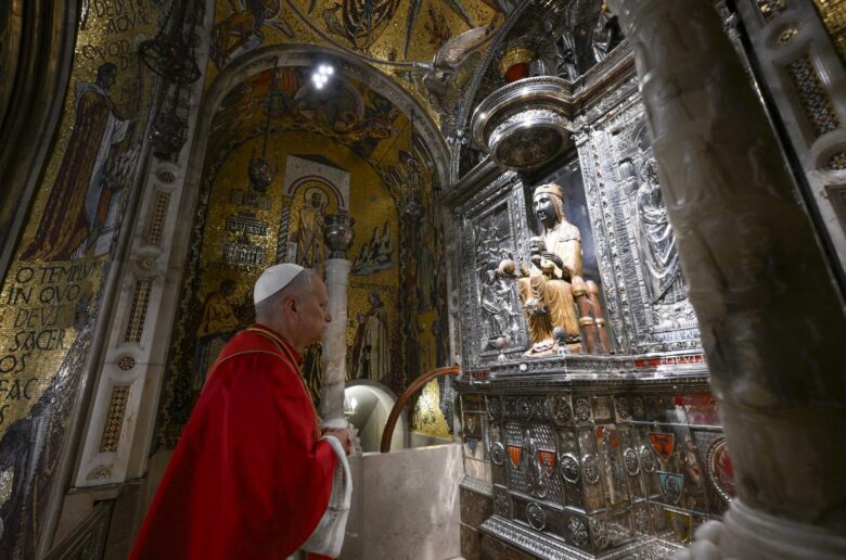 Pope Leo XIV prays before the Virgin of Montserrat image at the Our Lady of Montserrat Abbey, during his apostolic journey, in Montserrat, Spain, June 10, 2026. (OSV News photo/Simone Risoluti, Vatican Media)