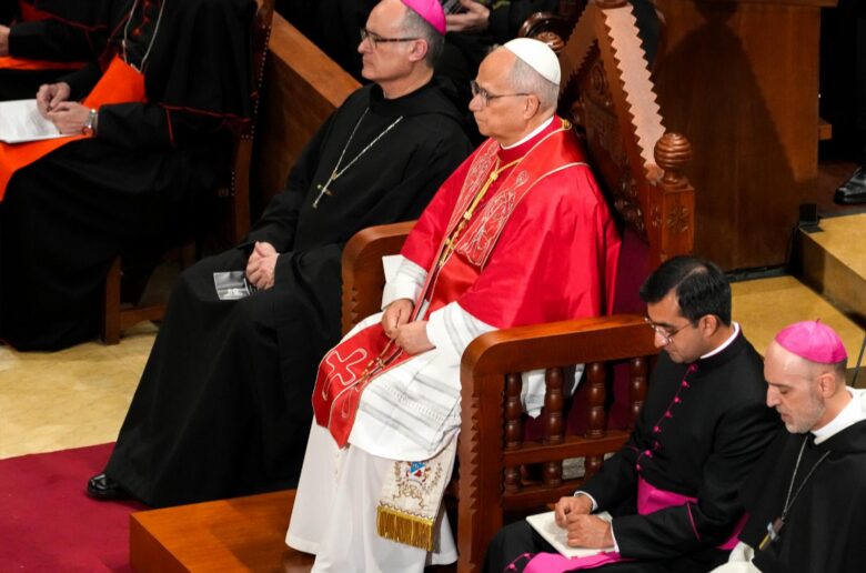 Pope Leo XIV prays the rosary at the Abbey of Our Lady of Montserrat in Montserrat, Spain, June 10. (CNS photo/Lola Gomez)