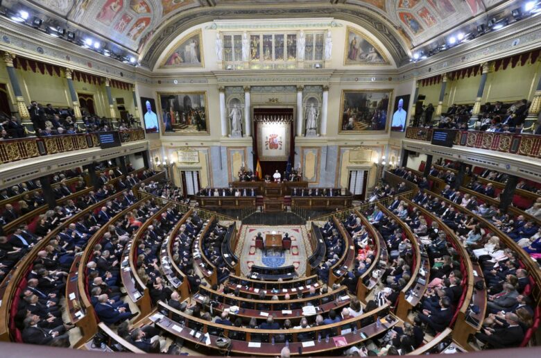 Pope Leo XIV delivers a speech during a joint session of the Spanish Parliament at the Congress of Deputies in Madrid, June 8, 2026, during his June 6-12 apostolic journey to Spain. (OSV News photo/Simone Risoluti, Vatican Media)