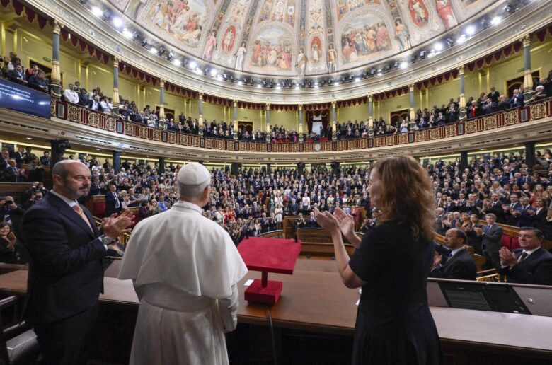 Pope Leo XIV is applauded by Pedro Rollan Ojeda, President of the Senate of Spain, and Francina Armengol, President of the Congress of Deputies of Spain, after the pontiff delivered a speech during a joint session of the Spanish Parliament at the Congress of Deputies in Madrid, June 8, 2026, during his June 6-12 apostolic journey to Spain. (OSV News photo/Simone Risoluti, Vatican Media)
