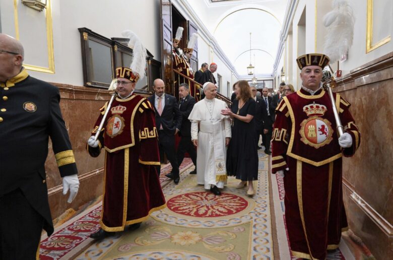 Pope Leo XIV is flanked by Pedro Rollan Ojeda, President of the Senate of Spain, and Francina Armengol, President of the Congress of Deputies of Spain, as the pontiff arrives to deliver a speech to a joint session of the Spanish Parliament at the Congress of Deputies in Madrid, June 8, 2026, during his June 6-12 apostolic journey to Spain. (OSV News photo/Simone Risoluti, Vatican Media)