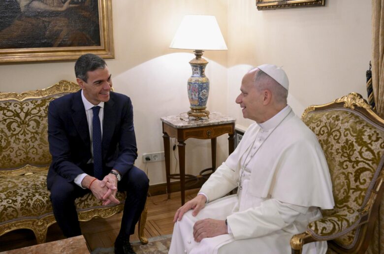 Pope Leo XIV meets with Spanish Prime Minister Pedro Sanchez at the Apostolic Nunciature in Madrid June 8, 2026, during the pontiff's June 6-12 apostolic journey to Spain. (OSV News photo/Simone Risoluti, Vatican Media)