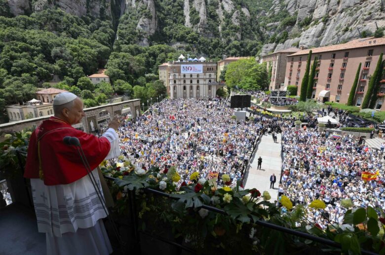 Pope Leo XIV addresses the faithful at the Abbey of Our Lady of Montserrat, near Barcelona, June 10, 2026, during his June 6-12 apostolic journey to Spain.. (OSV News photo/Simone Risoluti, Vatican News)