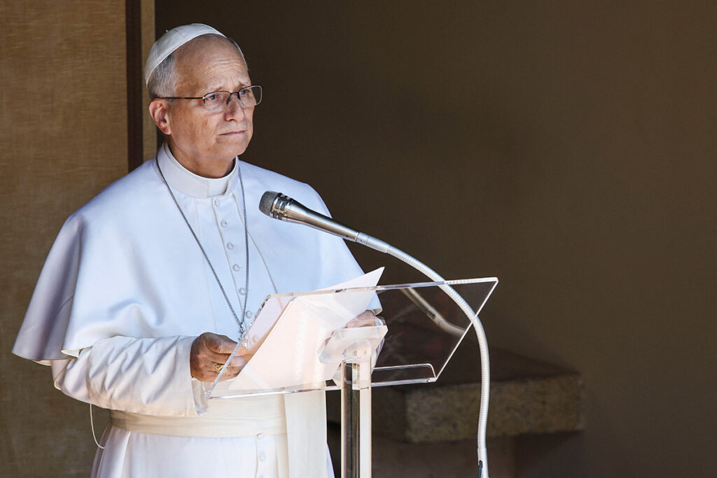 Pope Leo leads the Angelus prayer in Piazza della Liberta in Castel Gandolfo, near Rome, Italy, August 15, 2026. REUTERS/Francesco Fotia
