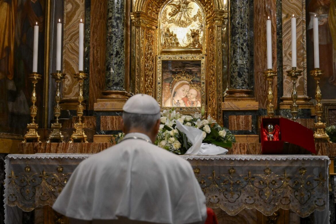 Pope Leo XIV prays in front of an image of Mary and the child Jesus at the Shrine of Our Lady of Good Counsel in Genazzano, Italy, southeast of Rome, May 10, 2025. The shrine is run by the pope's Augustinian confreres. Pope Leo XIV will celebrate Mass at the shrine on the eve of the feast of the Nativity of the Blessed Virgin Mary Sept. 7, 2026. (CNS photo/Vatican Media)