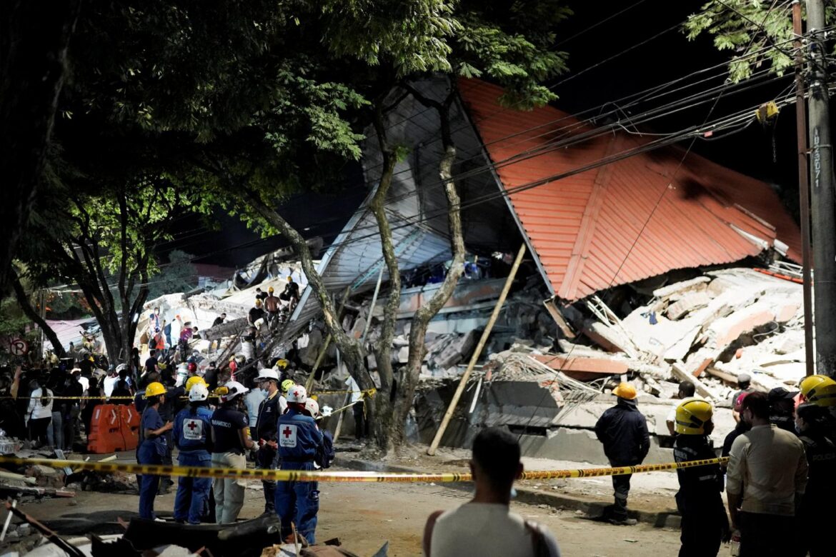 Rescuers work at the site of a collapsed building following an earthquake, in Cali, Colombia, Aug. 10, 2026. The Catholic bishops of Colombia are calling for national unity and urgent aid after the 7.4-magnitude earthquake struck the country, killing at least 132 people and injuring over 570. (OSV News photo/Sergio Acero, Reuters)