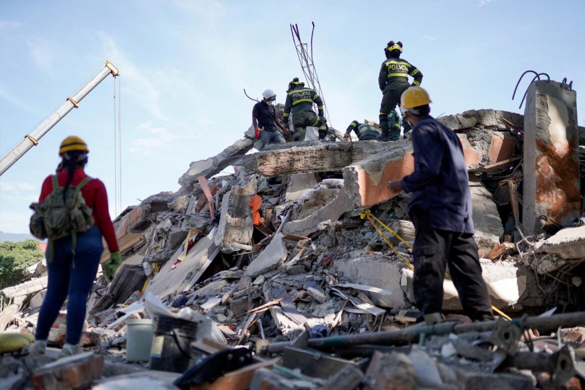 Rescuers work amid the rubble at the Torres de Limonar building in Cali, Colombia, Aug. 13, 2026, in the aftermath of an 7.4 magnitude earthquake that struck the country Aug. 10. The Colombian Bishops' Conference confirmed that Pope Leo XIV, through the papal almoner's office, sent an initial donation of 100,000 euros (more than $115,000) for relief efforts in the country. (OSV News photo/Sergio Acero, Reuters)