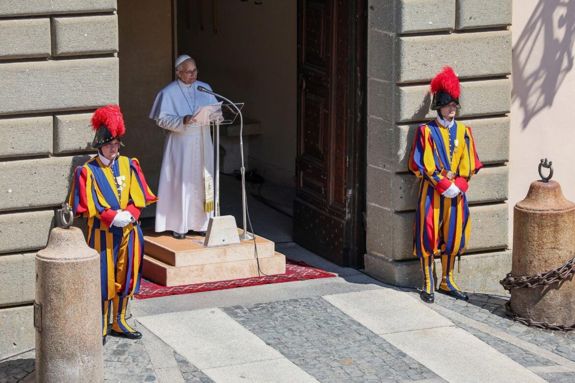 Pope Leo XIV leads the Angelus prayer in Piazza della Liberta in Castel Gandolfo, near Rome, Italy, Aug. 15, 2026, after celebrating the Mass for the Solemnity of the Assumption of the Blessed Virgin Mary. (OSV News photo/Francesco Fotia, Reuters)