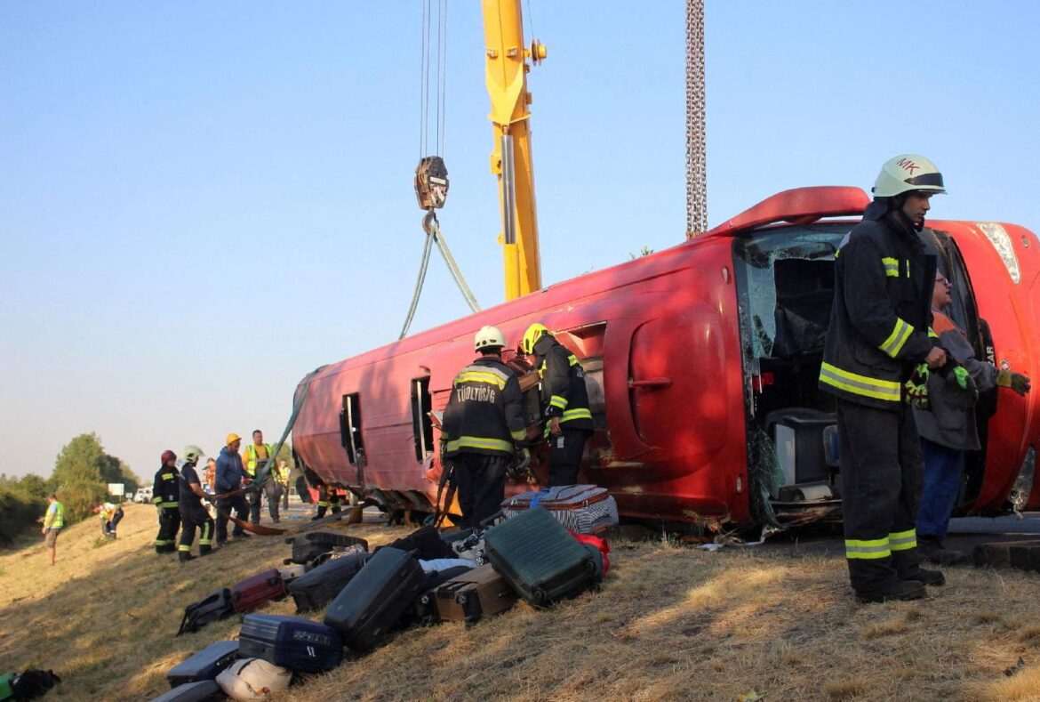 Firefighters work at the scene of a deadly accident, where a bus carrying Polish pilgrims veered off the motorway and overturned, near Mezokeresztes, Hungary, in this handout image released on Aug. 16, 2026. Pope Leo XIV and the bishops of Poland and Hungary mourned the loss of several pilgrims who died in the Aug. 16 crash as they were returning home from Medjugorje. (OSV News photo/Balazs Toth/Mezokovesd Kepekben handout via Reuters) EDITORS: THIS IMAGE HAS BEEN SUPPLIED BY A THIRD PARTY. FOR EDITORIAL USE ONLY. NO RESALES. NO ARCHIVES. MANDATORY CREDIT.