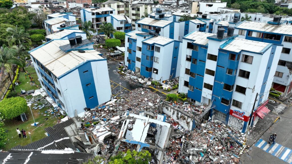 A drone view of a neighborhood with collapsed buildings in Pereira, Colombia Aug. 17, 2026, following a 7.4 magnitude earthquake. Priests from the Archdiocese of Bogota, led by their bishop, Cardinal Luis José Rueda Aparicio, embarked on a five-day mission to provide spiritual assistance to people living in cities affected by the Aug. 10 earthquake. (OSV News photo/Juan Felipe Leon, Reuters)