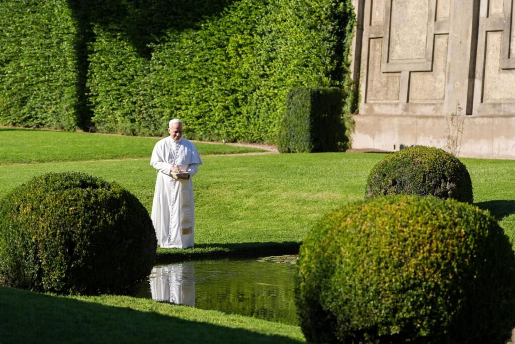 Pope Leo XIV feeds fish at a pond in the Pontifical Gardens of Castel Gandolfo, Italy, Sept. 5, 2025. The Vatican released Pope Leo's message for the World Day of Prayer for the Care of Creation which will be celebrated Sept. 1.(CNS photo/Lola Gomez)