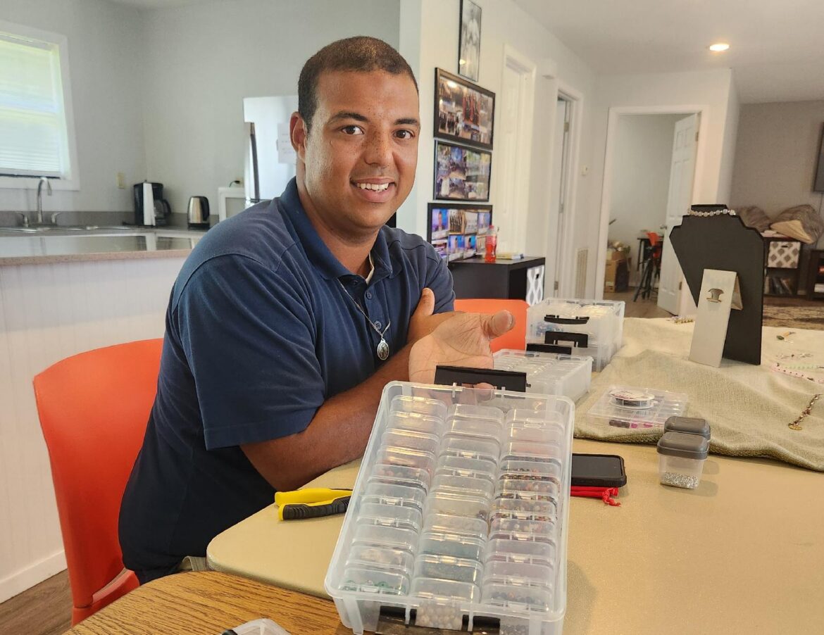 Stephen Green, pictured July 2, 2026, uses his talent for rosary-making to promote devotion to Mary and raise money for Sacred Heart of Mary Church's building campaign at the Knights of Columbus House in Barling, Ark. (OSV News photo/Maryanne Meyerriecks, Arkansas Catholic)